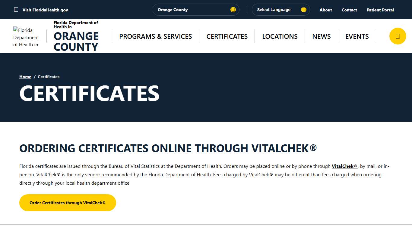 Certificates - Florida Department of Health in Orange County